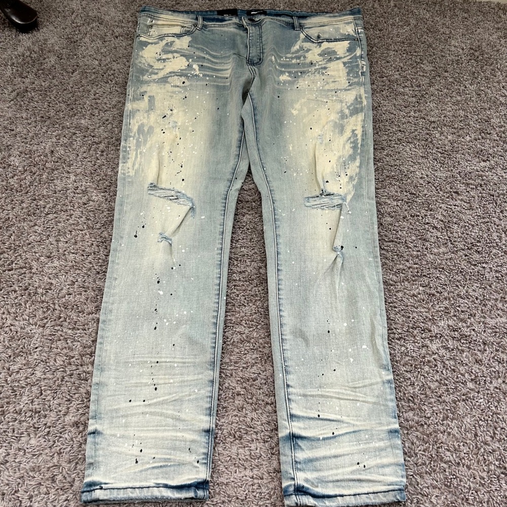 NOVA MEN Distressed‎ Light Wash Skinny Jeans Paint Splatter Ripped Size 42